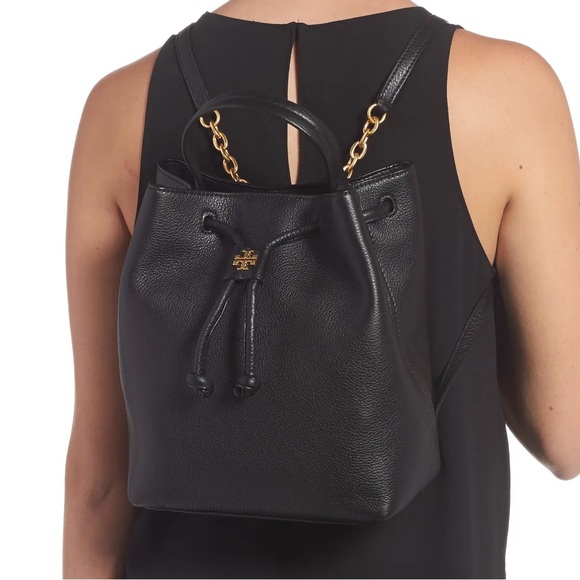 Tory Burch Georgia Leather Backpack Bucket Bag Black Purse - Picture 3 of 9